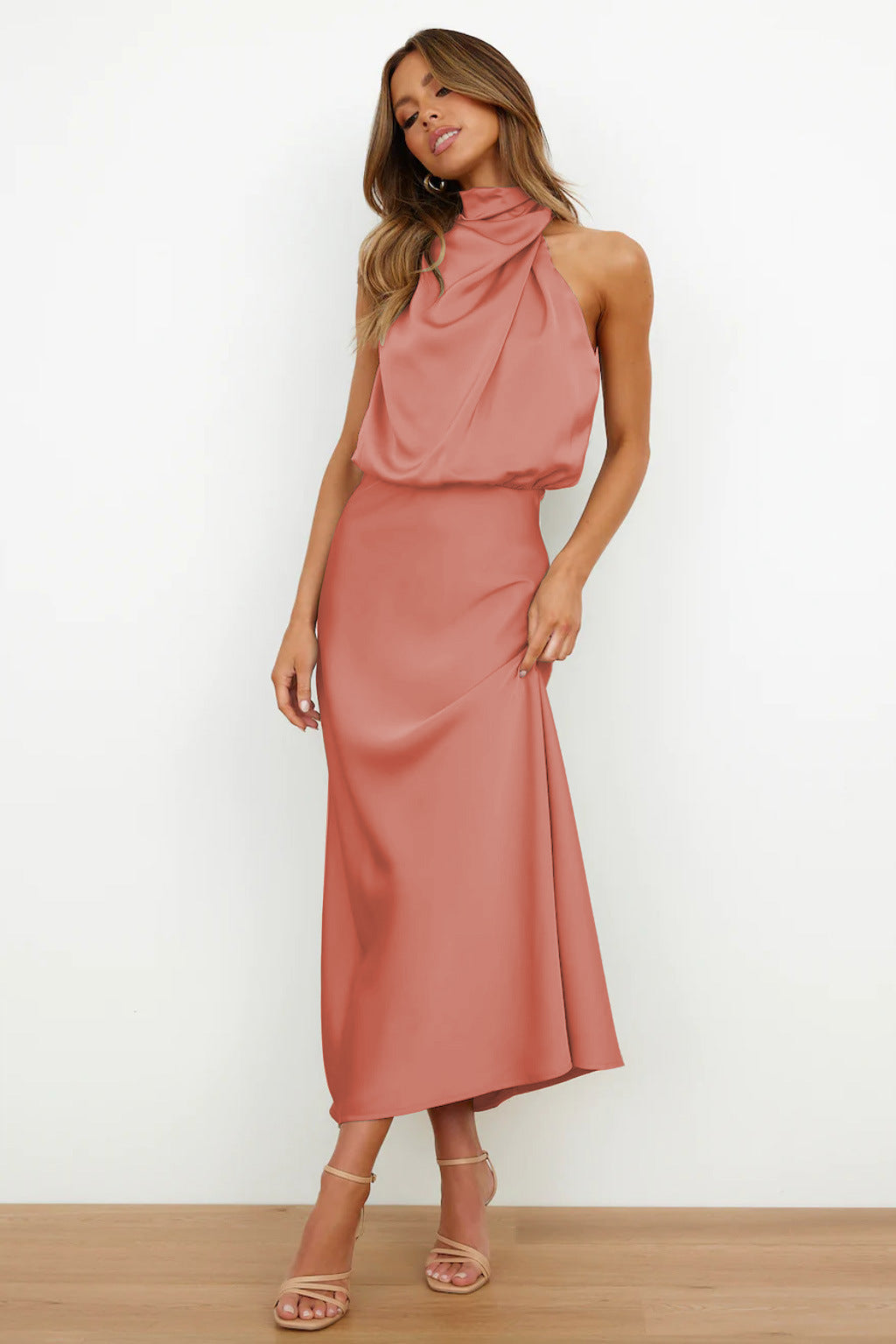 Valeria | Long satin slip dress with halter neck