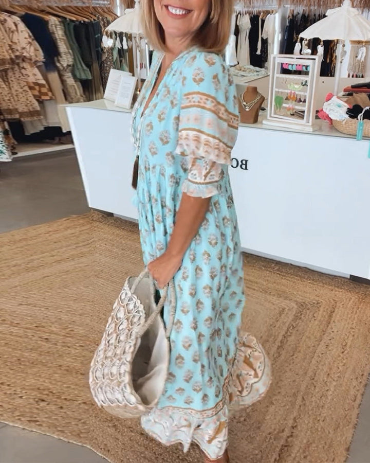 GIULIA | Printed Midi Dress with V Neckline and Elegant Balloon Sleeves
