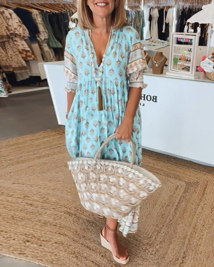 GIULIA | Printed Midi Dress with V Neckline and Elegant Balloon Sleeves
