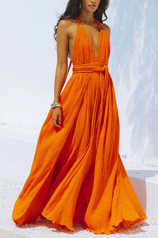 Skye – Draped Maxi Dress in Linen Blend with Deep V-Neck Neckholder and Backless Overlay