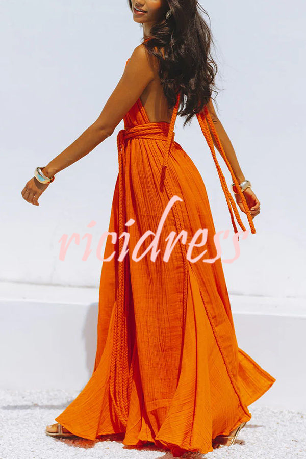 Skye – Draped Maxi Dress in Linen Blend with Deep V-Neck Neckholder and Backless Overlay