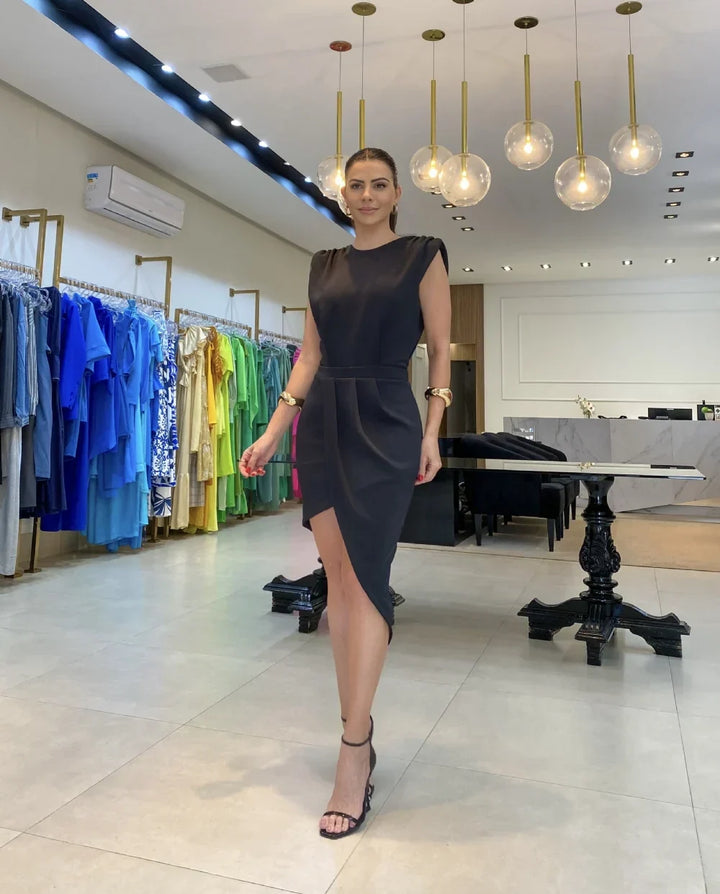 Asymmetric Belted Midi Dress