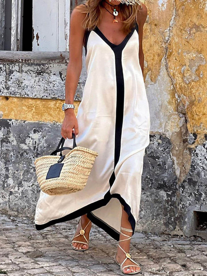 Midi Dress with Adjustable Straps and Color Block Design