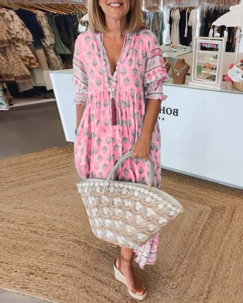 GIULIA | Printed Midi Dress with V Neckline and Elegant Balloon Sleeves