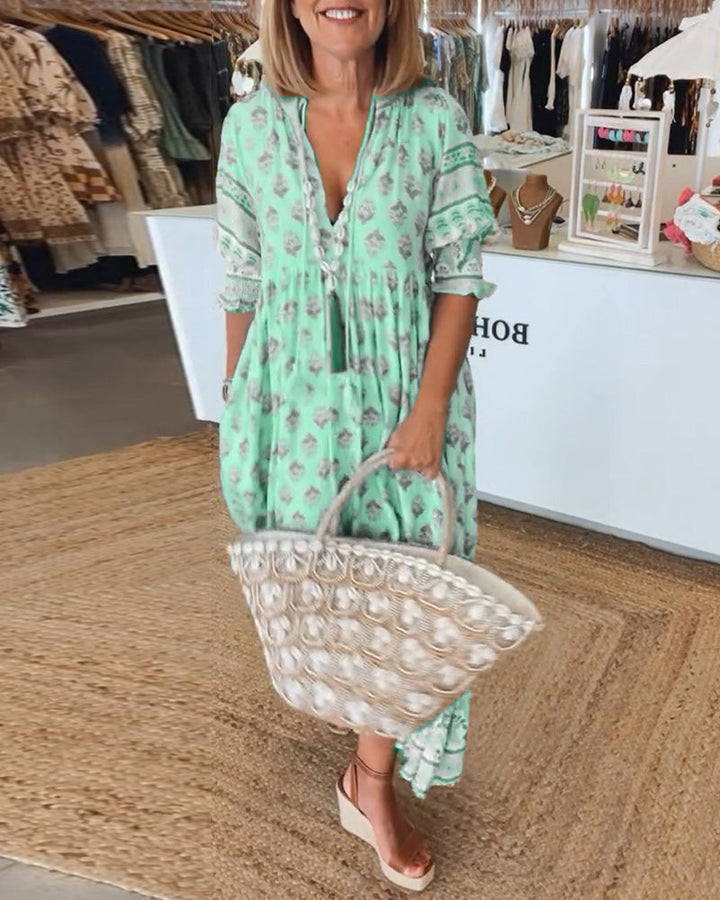 GIULIA | Printed Midi Dress with V Neckline and Elegant Balloon Sleeves