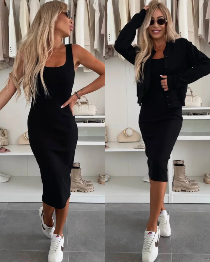 Karin   | Rib Knit Midi Dress & Bomber Jacket Set