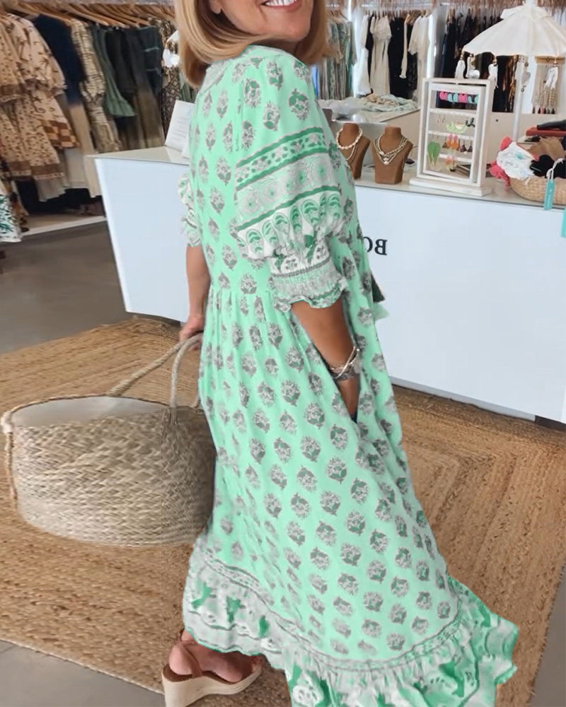 GIULIA | Printed Midi Dress with V Neckline and Elegant Balloon Sleeves