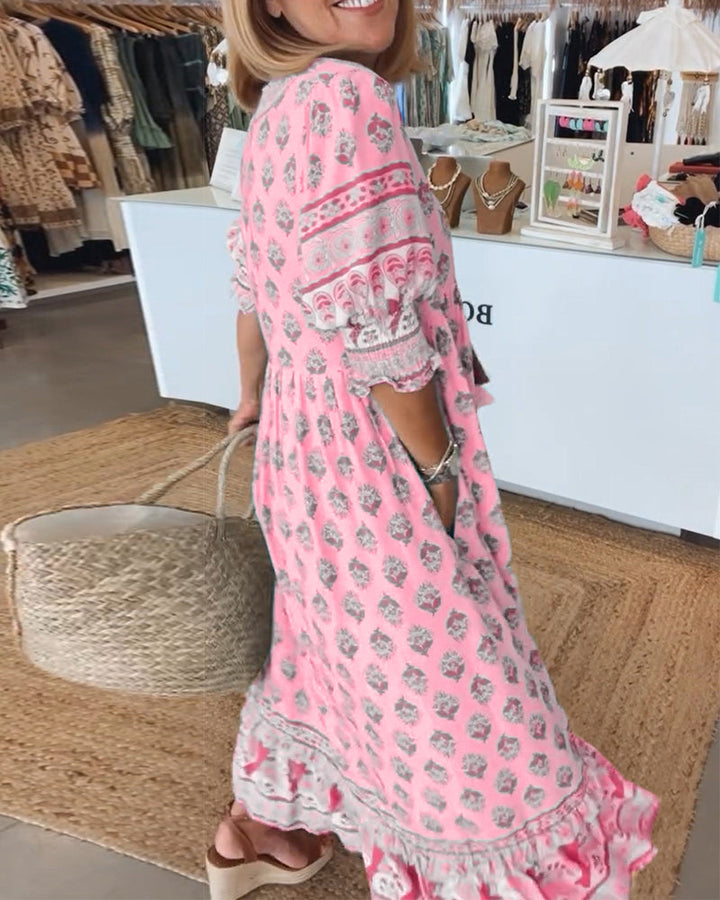 GIULIA | Printed Midi Dress with V Neckline and Elegant Balloon Sleeves