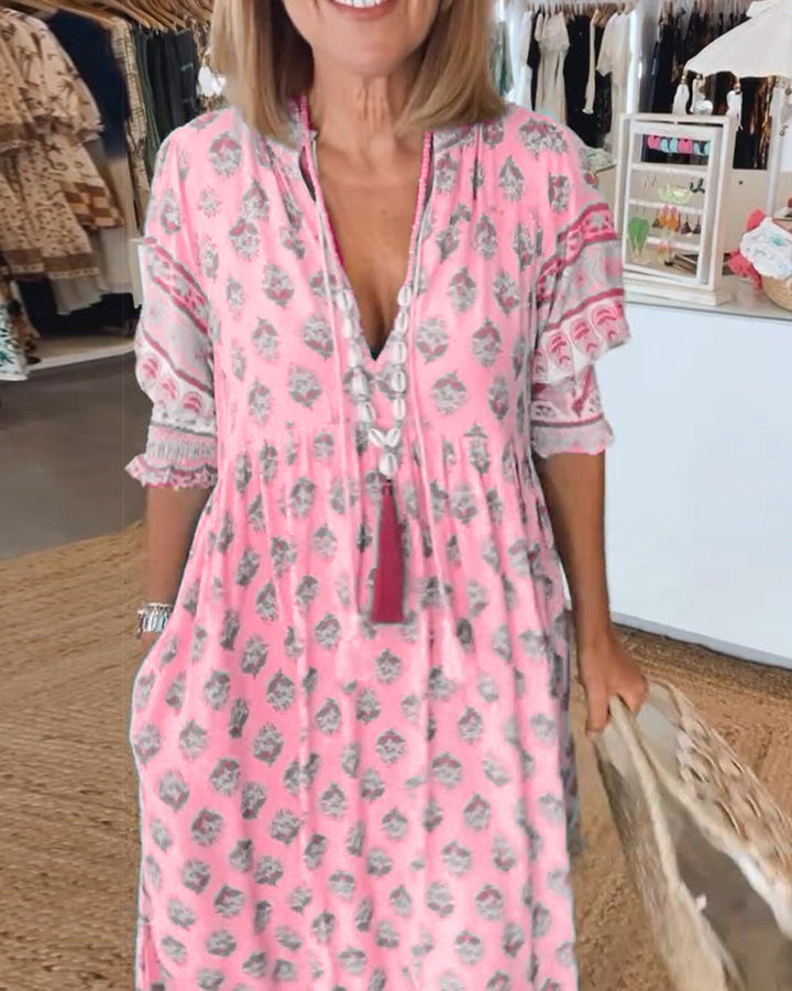 GIULIA | Printed Midi Dress with V Neckline and Elegant Balloon Sleeves