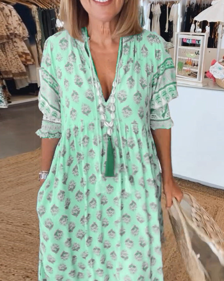 GIULIA | Printed Midi Dress with V Neckline and Elegant Balloon Sleeves