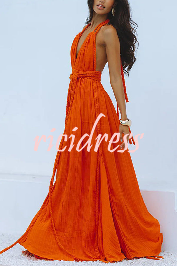 Skye – Draped Maxi Dress in Linen Blend with Deep V-Neck Neckholder and Backless Overlay