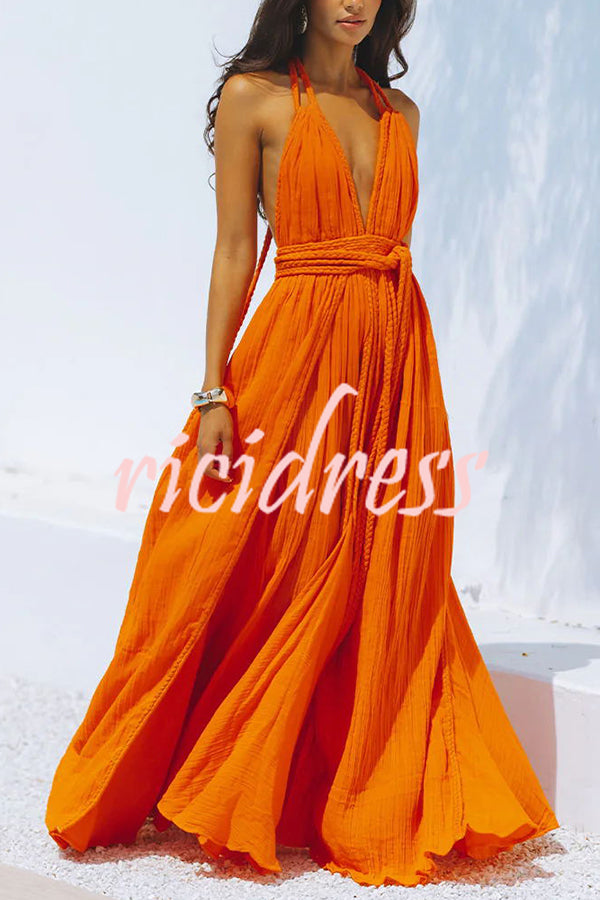 Skye – Draped Maxi Dress in Linen Blend with Deep V-Neck Neckholder and Backless Overlay