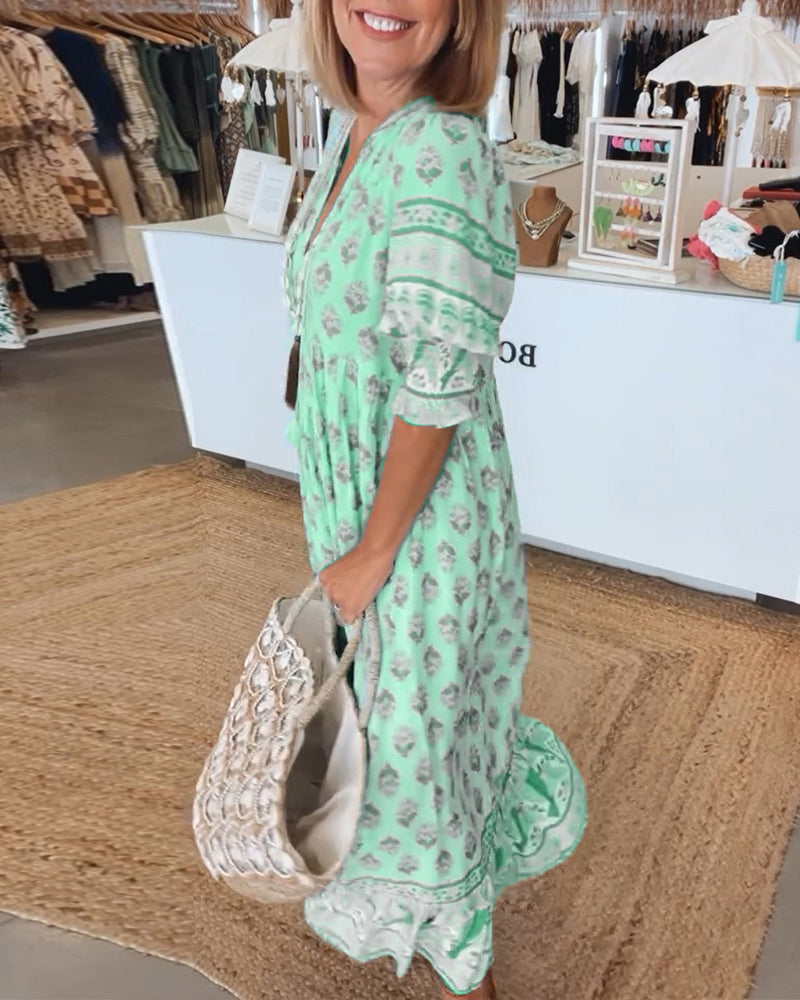 GIULIA | Printed Midi Dress with V Neckline and Elegant Balloon Sleeves