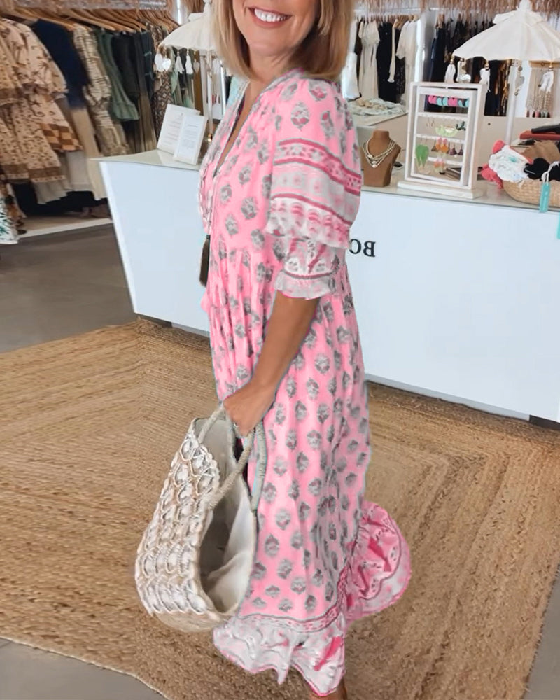 GIULIA | Printed Midi Dress with V Neckline and Elegant Balloon Sleeves