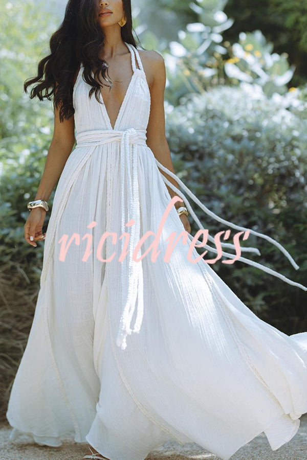 Skye – Draped Maxi Dress in Linen Blend with Deep V-Neck Neckholder and Backless Overlay