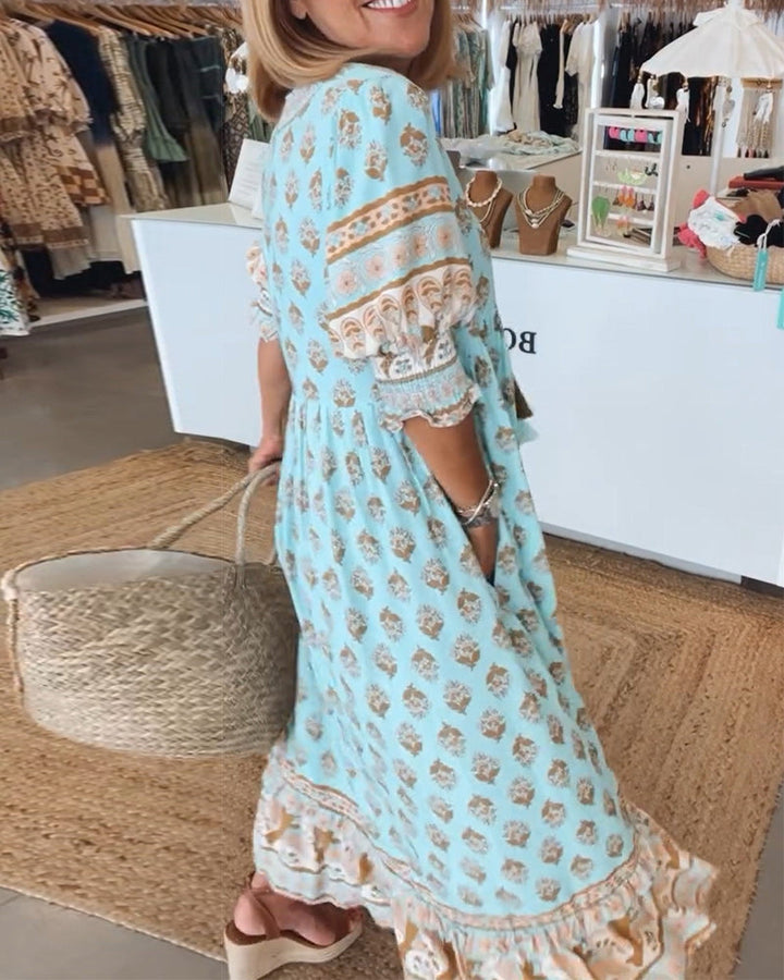 GIULIA | Printed Midi Dress with V Neckline and Elegant Balloon Sleeves