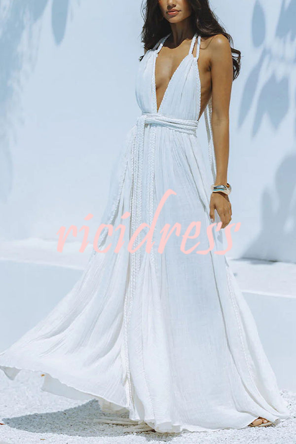 Skye – Draped Maxi Dress in Linen Blend with Deep V-Neck Neckholder and Backless Overlay