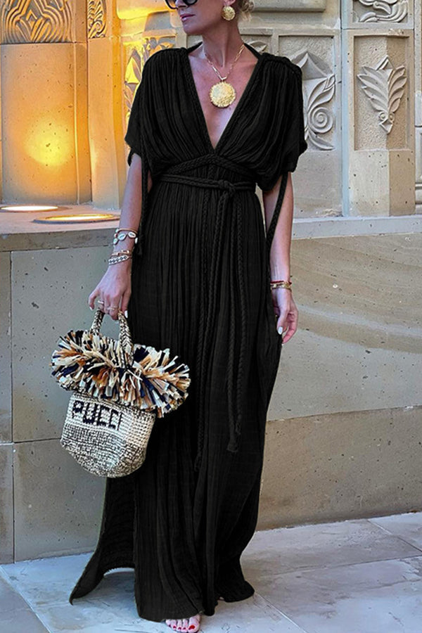 Kiara - Kimono Maxi Dress in Linen Blend in Greek Style with Braids and Slit