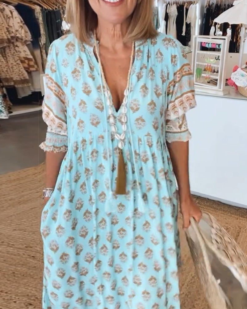 GIULIA | Printed Midi Dress with V Neckline and Elegant Balloon Sleeves