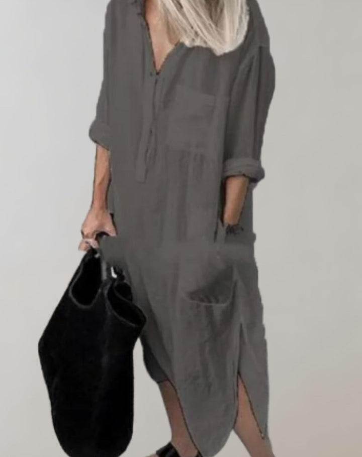 Amaya - Loose Long Dress with Long Sleeves and Side Pockets