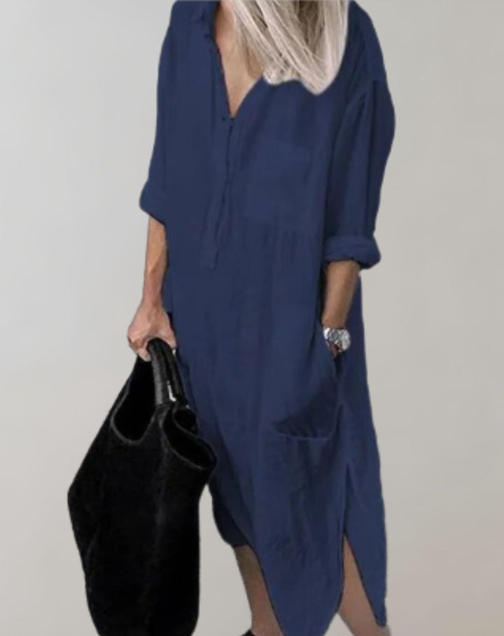 Amaya - Loose Long Dress with Long Sleeves and Side Pockets
