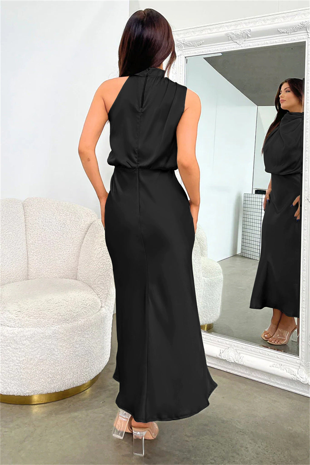 Valeria | Long satin slip dress with halter neck