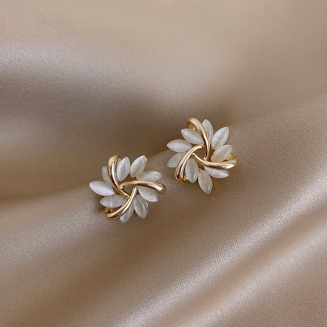 Gold Hoop Earrings with Opal Petal Design