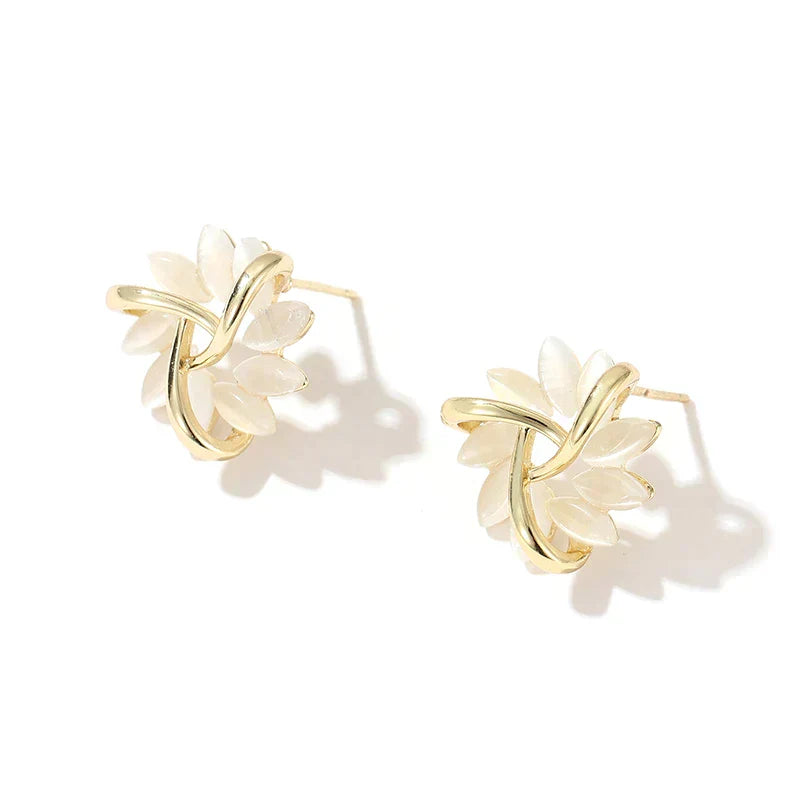 Gold Hoop Earrings with Opal Petal Design