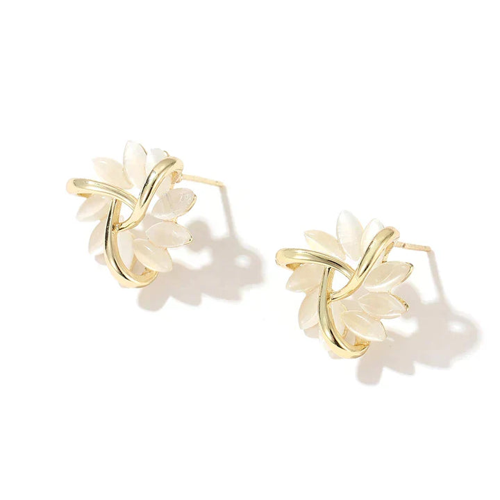 Gold Hoop Earrings with Opal Petal Design
