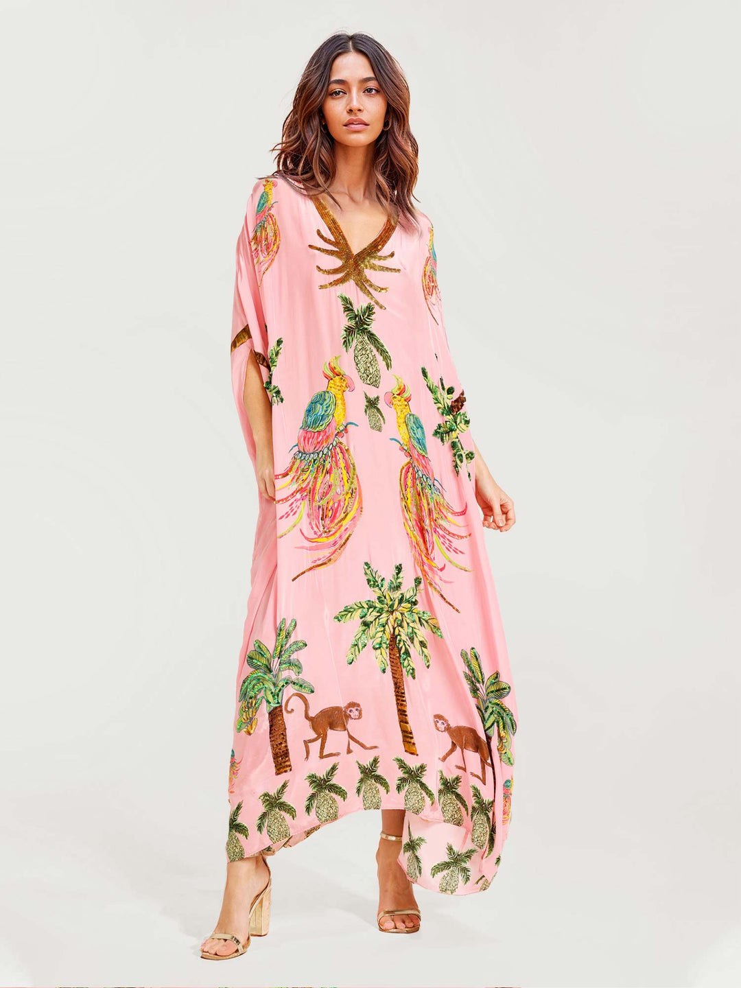 Long Black Dress with Tropical Parrot Print