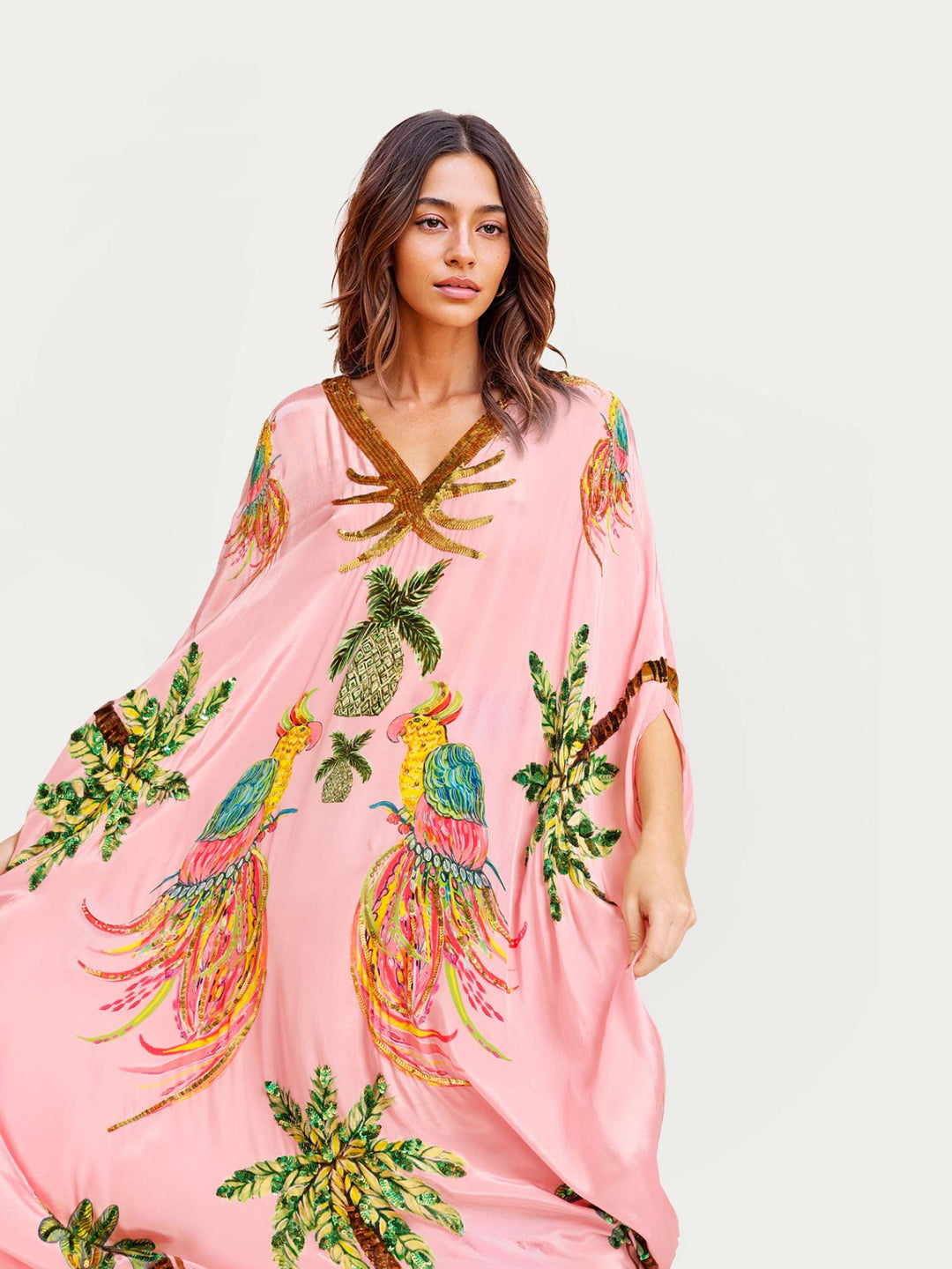 Long Black Dress with Tropical Parrot Print