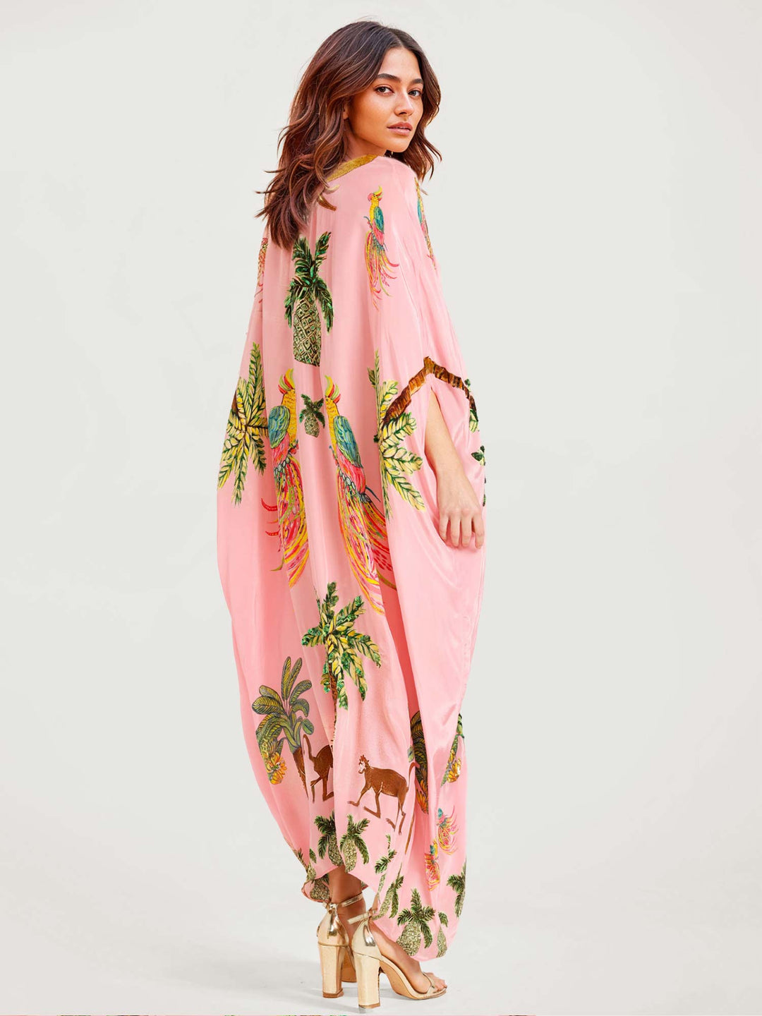 Long Black Dress with Tropical Parrot Print