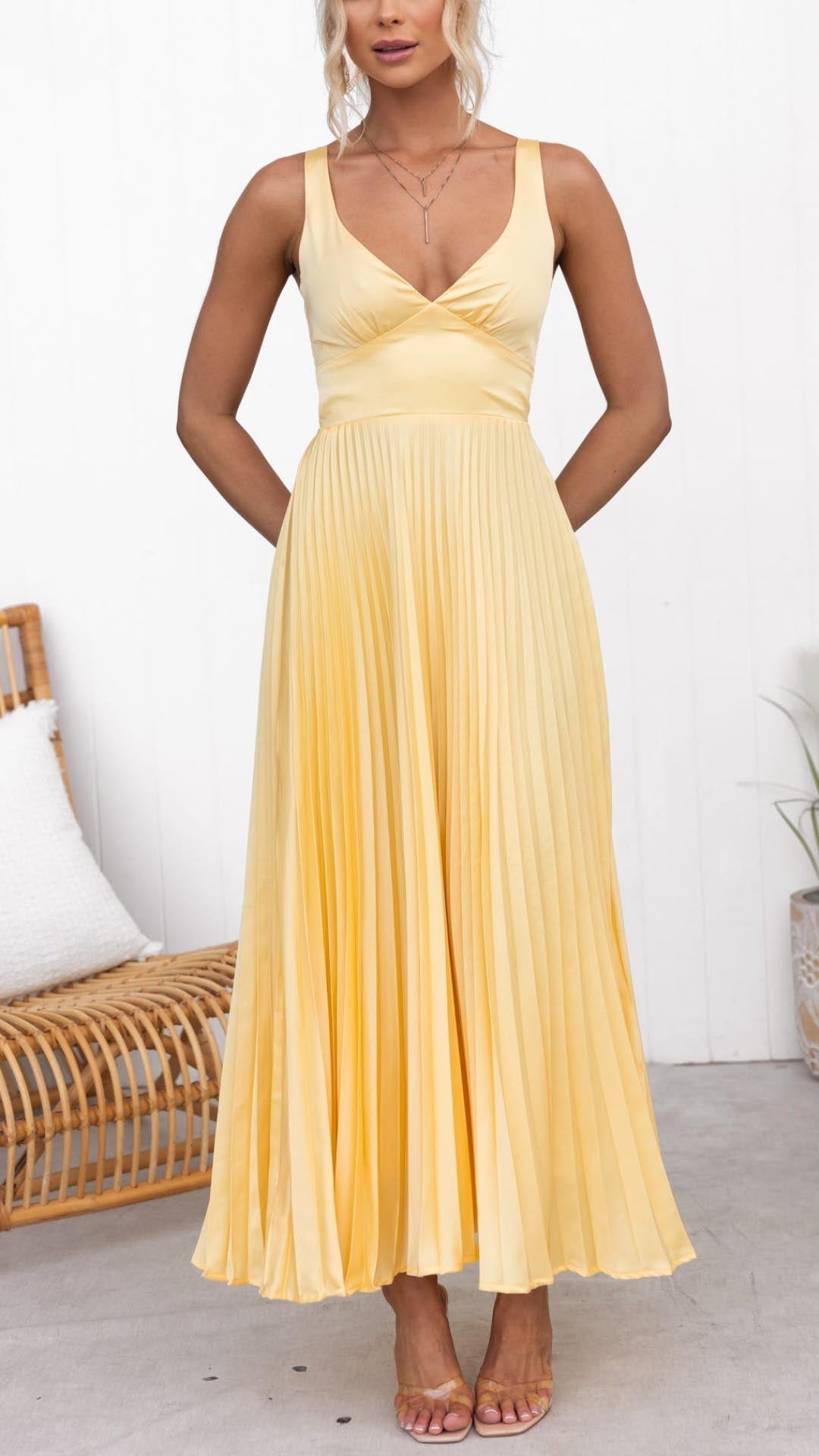 Aby - Yellow Pleated V-Neck Maxi Dress