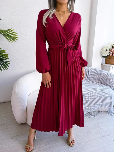Daisy - Women's V-Neck Pleated Maxi Dress Long Sleeve