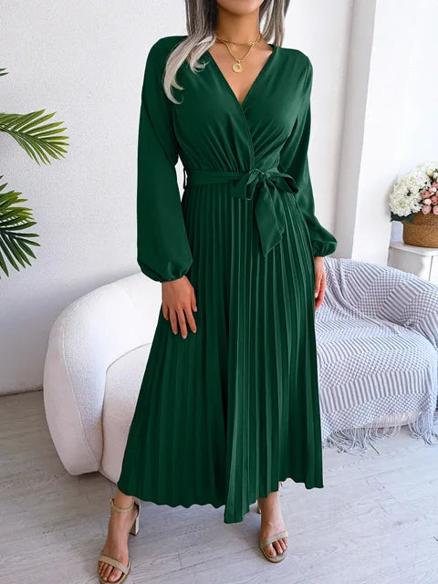 Daisy - Women's V-Neck Pleated Maxi Dress Long Sleeve