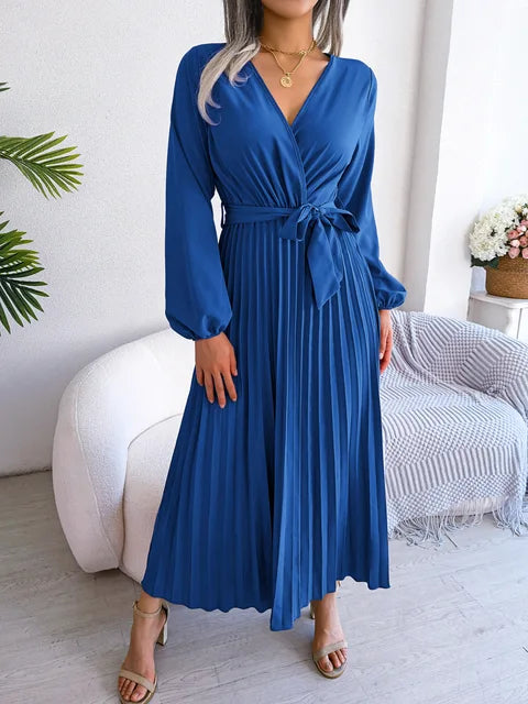 Daisy - Women's V-Neck Pleated Maxi Dress Long Sleeve