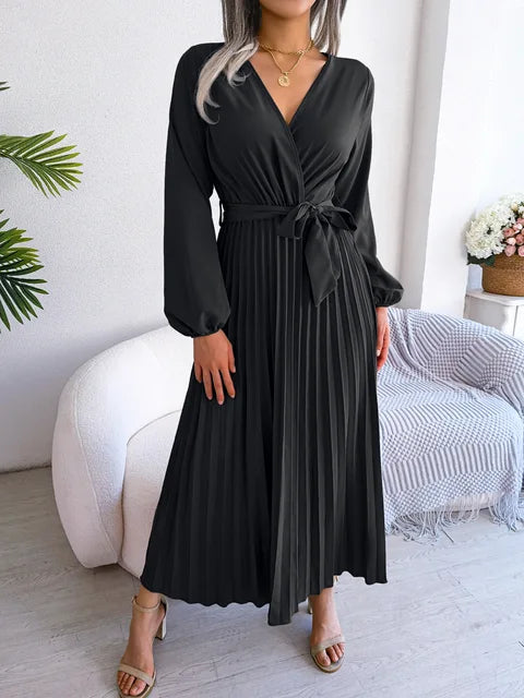 Daisy - Women's V-Neck Pleated Maxi Dress Long Sleeve