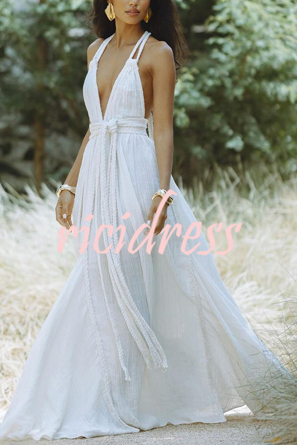 Skye – Draped Maxi Dress in Linen Blend with Deep V-Neck Neckholder and Backless Overlay