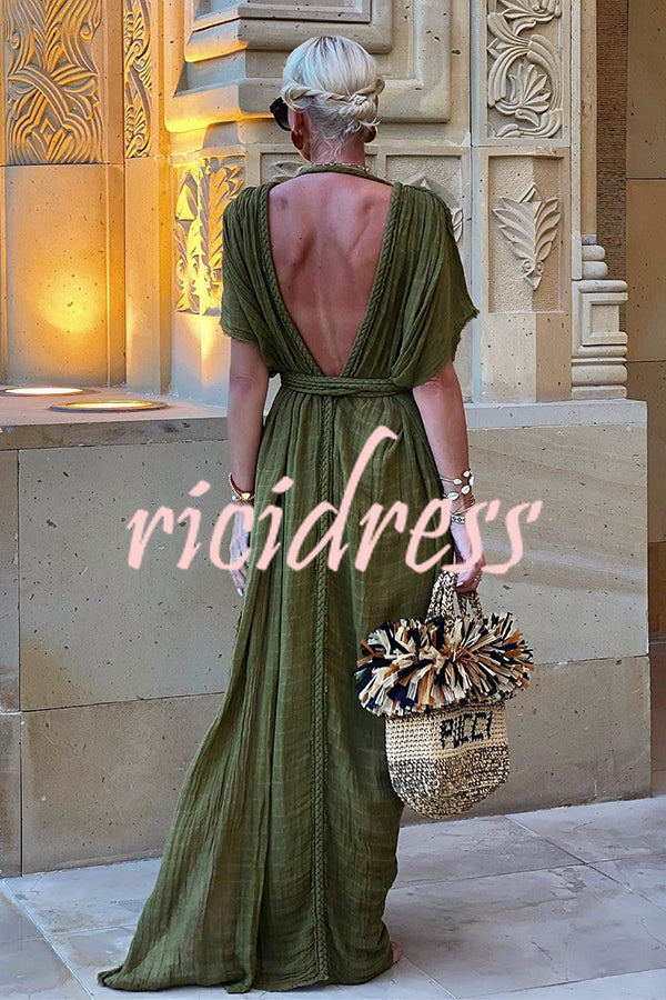 Kiara - Kimono Maxi Dress in Linen Blend in Greek Style with Braids and Slit