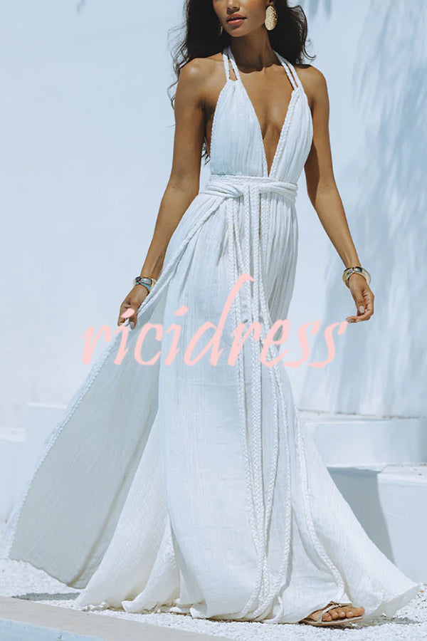 Skye – Draped Maxi Dress in Linen Blend with Deep V-Neck Neckholder and Backless Overlay