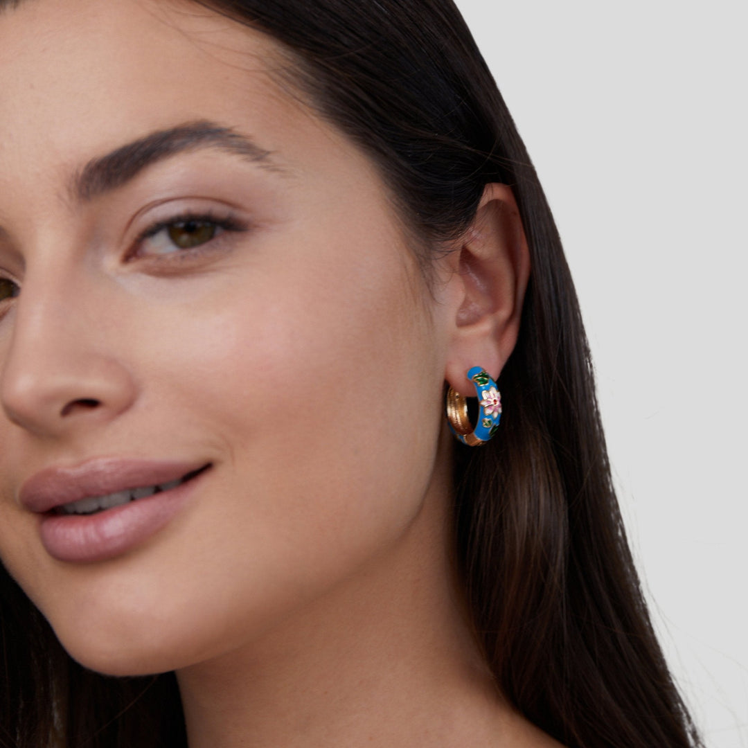 Gold Hoop Earrings with Flower