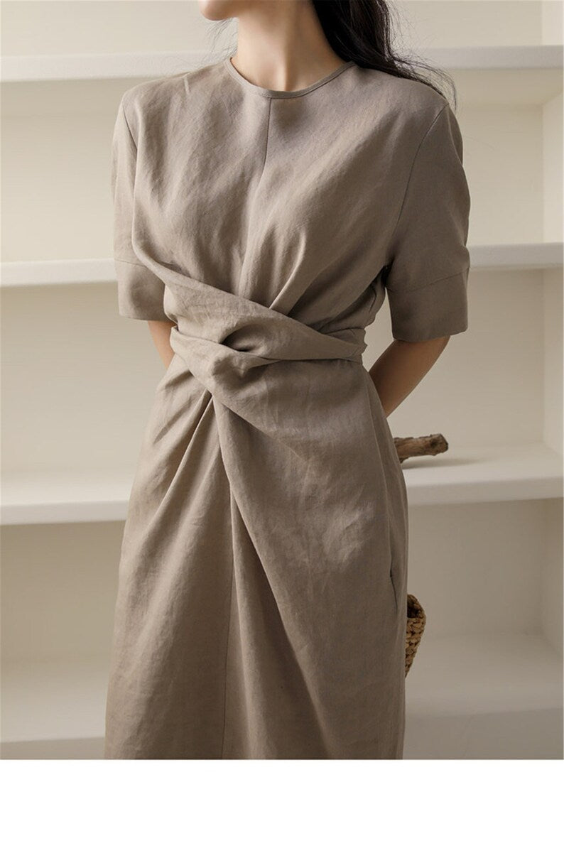 Zaria - Irregular Linen Dress in Khaki