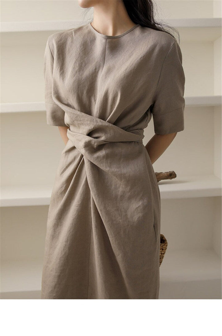 Zaria - Irregular Linen Dress in Khaki
