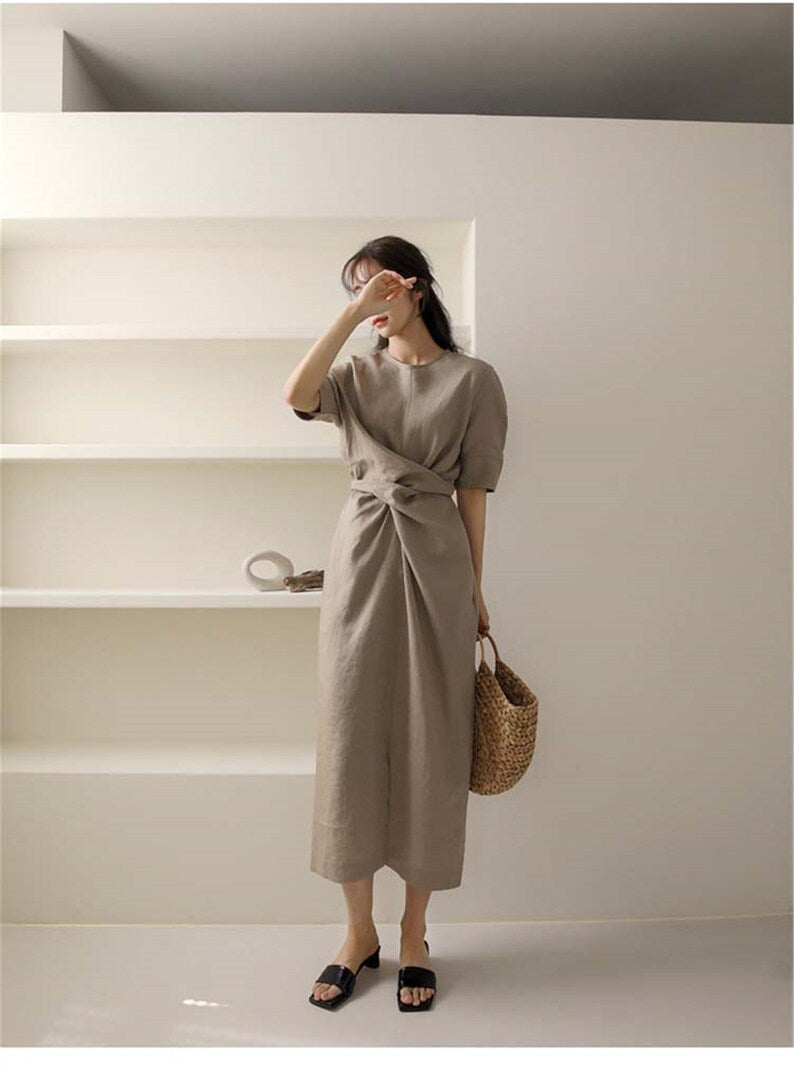 Zaria - Irregular Linen Dress in Khaki