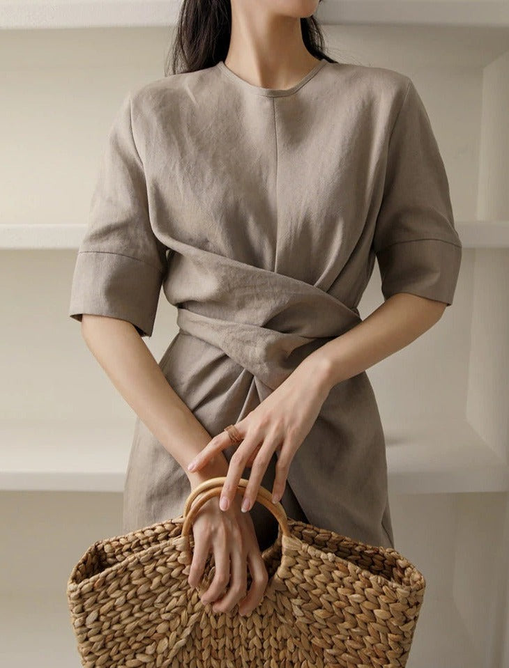 Zaria - Irregular Linen Dress in Khaki