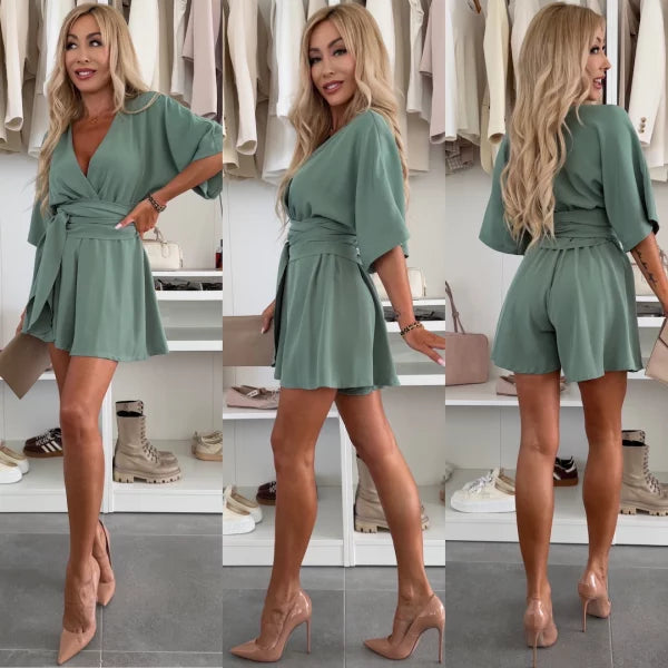 Flowy Wrap Belted V-Neck Romper