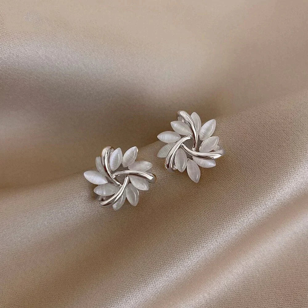 Gold Hoop Earrings with Opal Petal Design