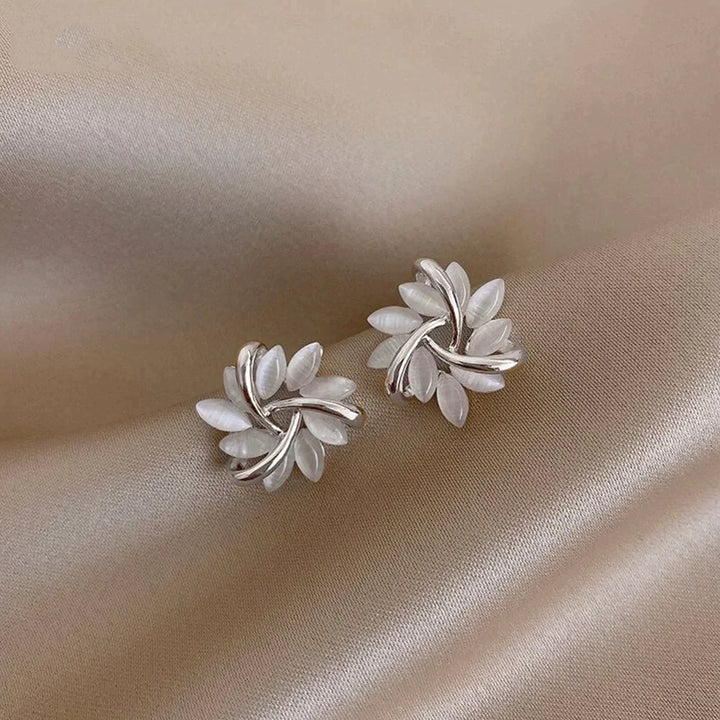 Gold Hoop Earrings with Opal Petal Design