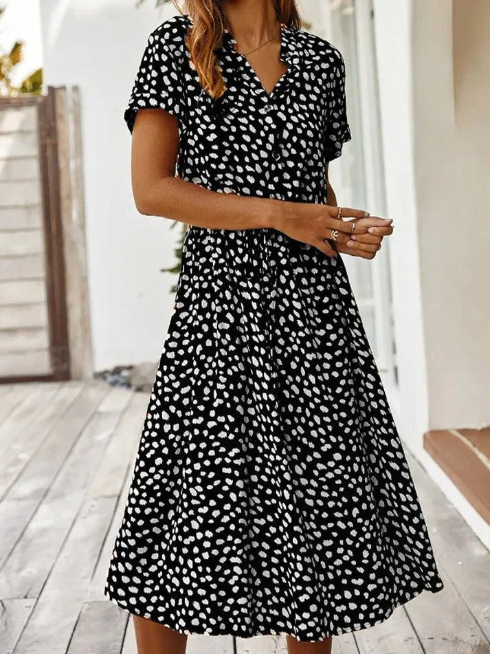 Rosea Dress with V-Neck and Ruffles